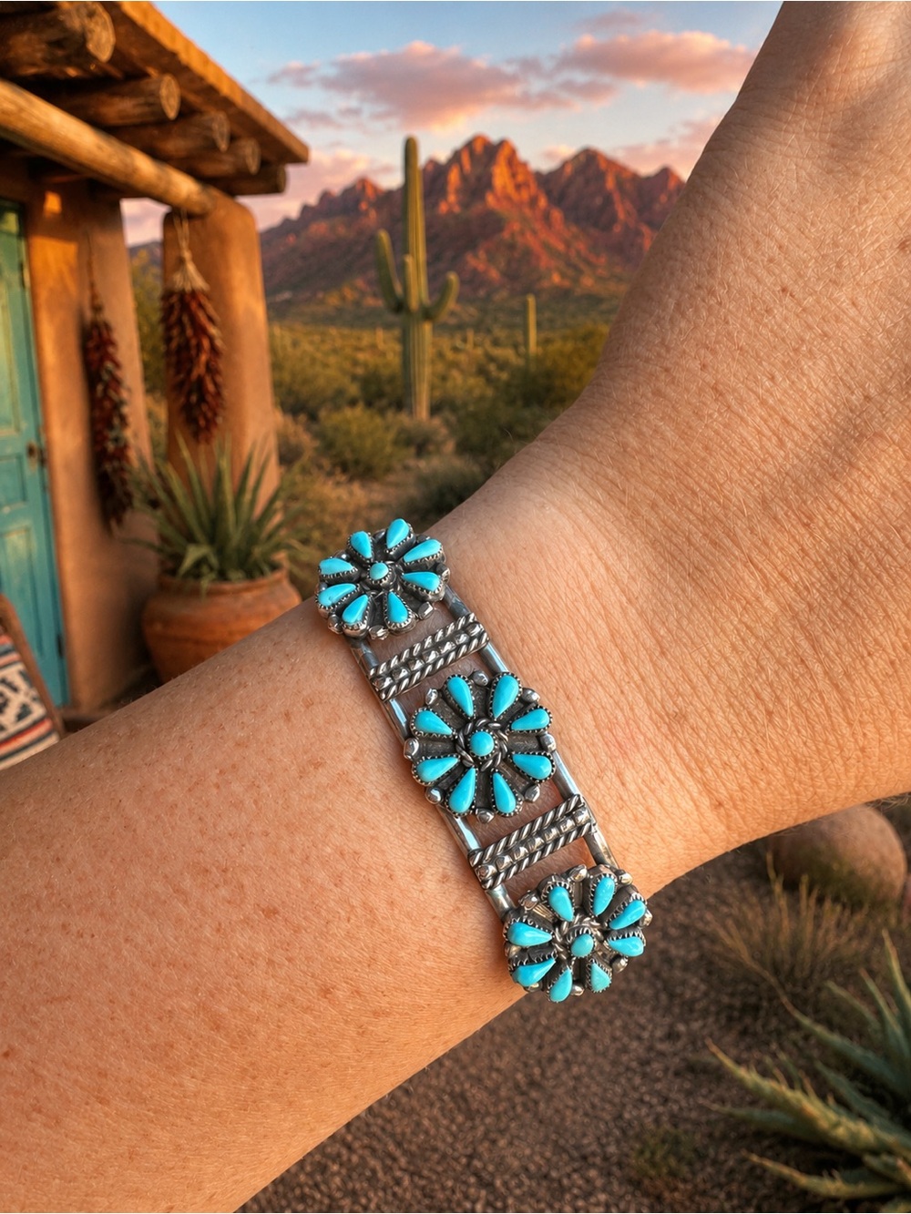Native Made Turquoise Needlepoint Sterling Silver Cuff  🦋